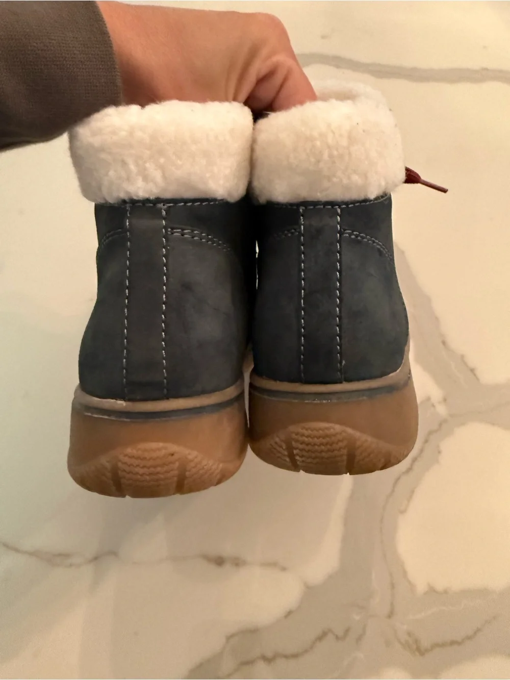 Everly Navy Winter Ankle Boot with Brown Sole and Red Laces